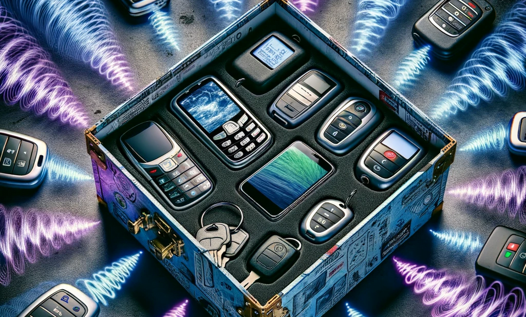 A photo capturing a bird's eye view of an open Faraday box, with various cell phones and key fobs neatly arranged inside, and